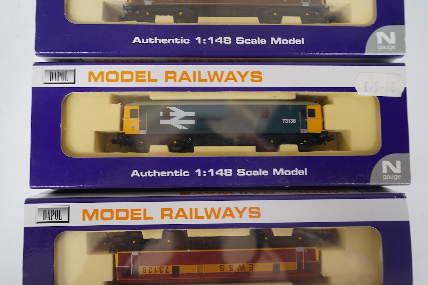 Three boxed Dapol N gauge railway Class 73 electro-diesel locomotives; 73101 The Royal Alex (ND-011b), 73138 (ND008) and 73128 (ND005). Condition - good.